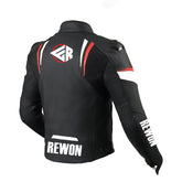 Back view of black leather motorcycle jacket with red accents and REWON logo, featuring CE protectors and air-vent zippers.
